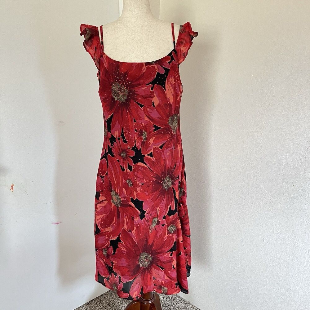 Y2k 90S CDC Red Foral Glitter Milkmaid Mini Dress Sz 16